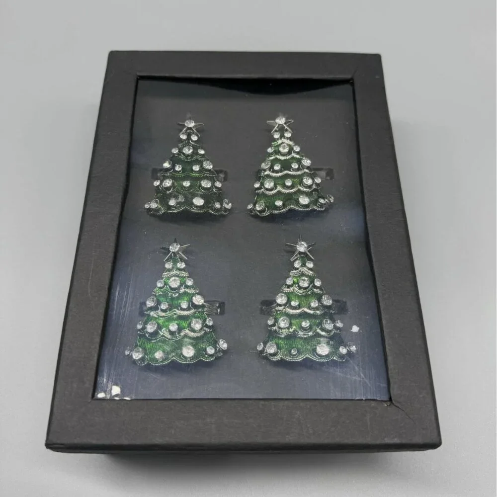 x4 Christian Siriano Christmas Tree Jeweled Napkin Ring Set Rhinestones Holiday